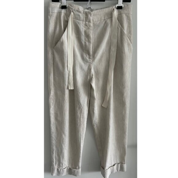 Wilfred Aritzia Linen Blend Tie Front Button Fly Light Taupe Trouser Pants Sz 10 - Picture 8 of 8